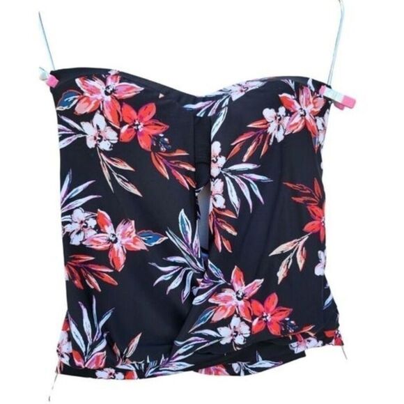 Bar III Peek a Boo Tankini Strapless Swim Top Black Floral Tropical Women Size M - Picture 3 of 7